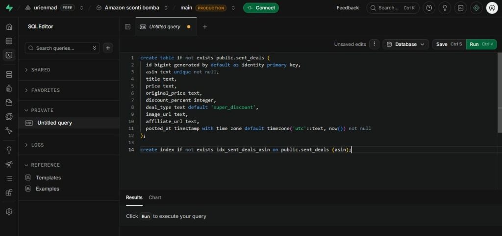 Creazione tabella sent_deals in Supabase Creazione della tabella sent_deals nel SQL Editor di Supabase
