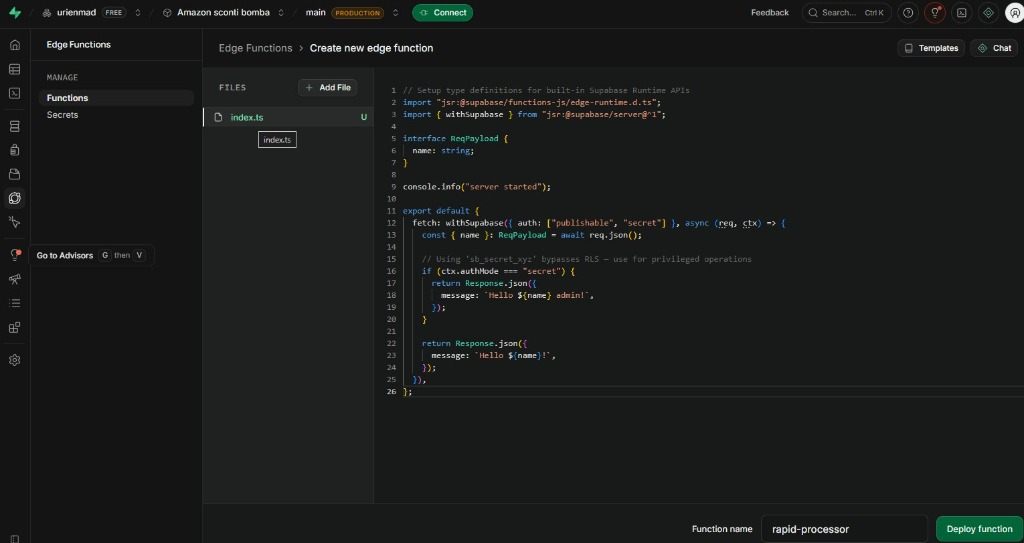 Deploy della Edge Function su Supabase Editor web delle Edge Functions di Supabase per il deploy del bot